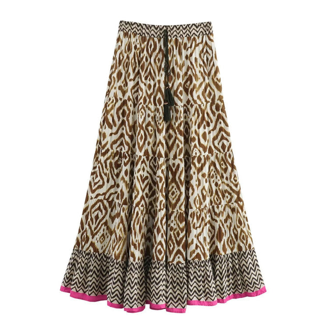 Womens Casual High Waist Long Skirts Print A Line Flowy Tiered Ruffle Maxi Skirt