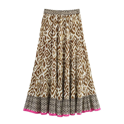 Womens Casual High Waist Long Skirts Print A Line Flowy Tiered Ruffle Maxi Skirt