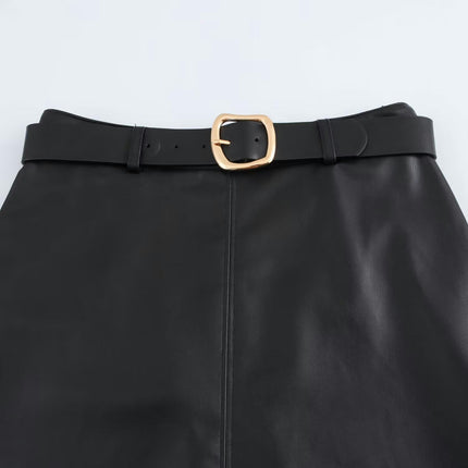 Women's High Waist Faux Leather A-Line Midi Skirt with Belt