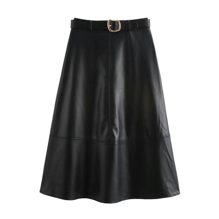 Women's High Waist Faux Leather A-Line Midi Skirt with Belt