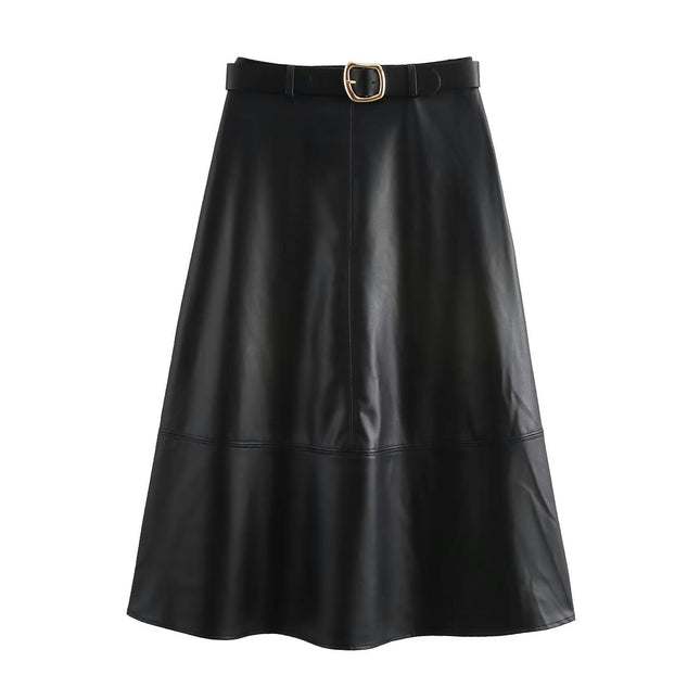 Women's High Waist Faux Leather A-Line Midi Skirt with Belt