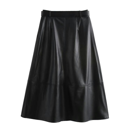 Women's High Waist Faux Leather A-Line Midi Skirt with Belt