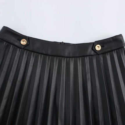 Women Faux Leather Mini Skirt High Waist Pleated A-Line Short Skirt