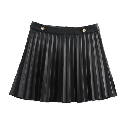 Women Faux Leather Mini Skirt High Waist Pleated A-Line Short Skirt
