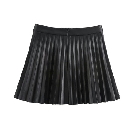 Women Faux Leather Mini Skirt High Waist Pleated A-Line Short Skirt