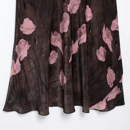 A-Line Skirts for Women High Waist Print Elegant Satin Midi Skirt