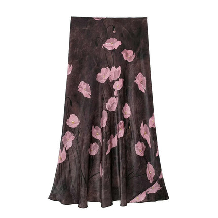 A-Line Skirts for Women High Waist Print Elegant Satin Midi Skirt