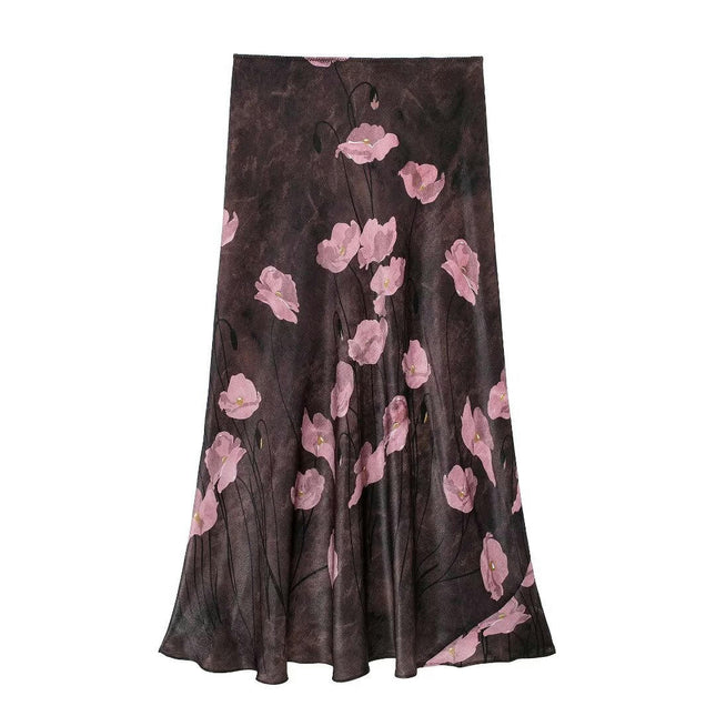 A-Line Skirts for Women High Waist Print Elegant Satin Midi Skirt