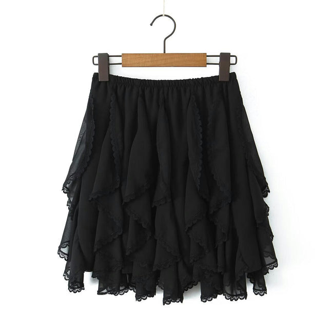 Women's Lace Trim Mini Skirt High Waisted Layered Ruffles A-Line Skirts