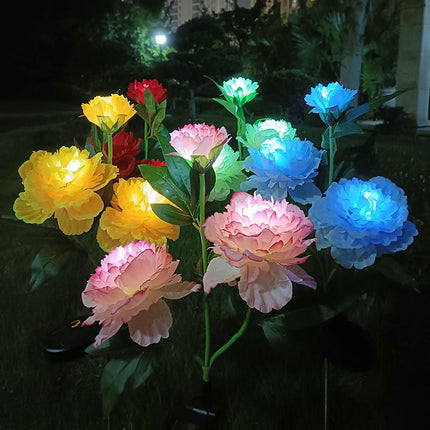 2 Pack Solar Garden Lights with 3 Blooming Flowers for Outside Yard Pathway Patio Lawn Decor