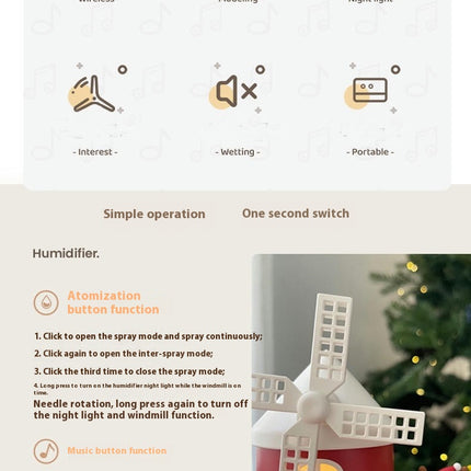 Christmas Windmill Music Box Humidifier Dual-Spray Wireless Mini Desktop Cute Pet Air Humidifier