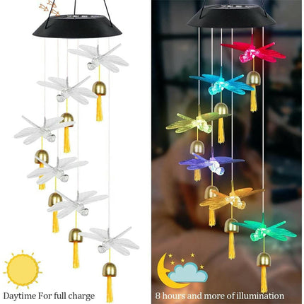 2 Pack Solar Dragonfly Wind Chimes Waterproof Solar Hanging Light for Garden Decor