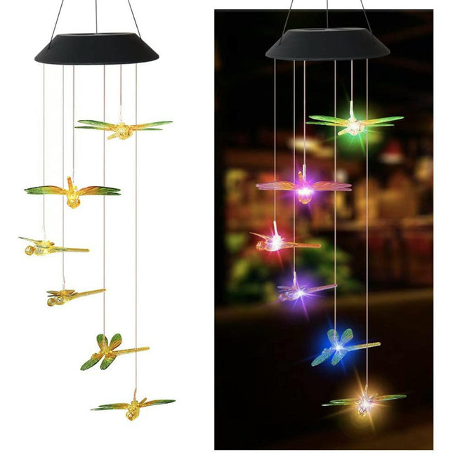 2 Pack Solar Wind Chimes Color-Changing Dragonfly Waterproof Solar Light for Garden Decor