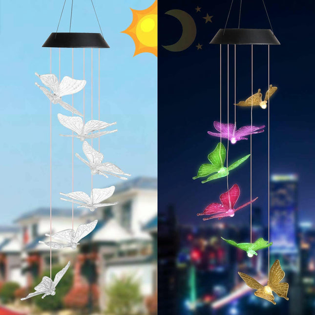 2 Pack Solar Butterfly Wind Chimes Outdoor Color Changing LED Light for Garden Yard Decor