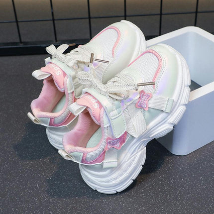 Kids Girls Lightweight Breathable Faux Leather Running Sneakers