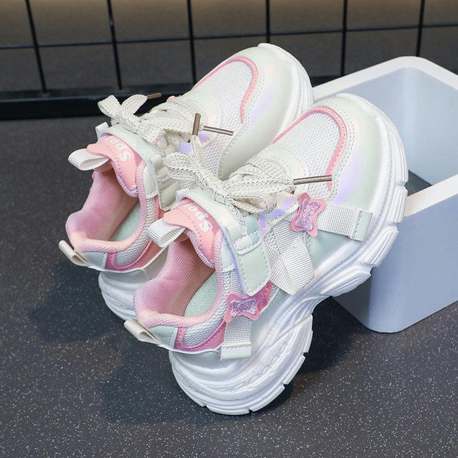 Kids Girls Lightweight Breathable Faux Leather Running Sneakers