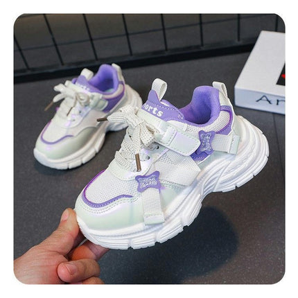 Kids Girls Lightweight Breathable Faux Leather Running Sneakers