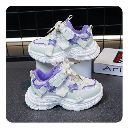 Kids Girls Lightweight Breathable Faux Leather Running Sneakers
