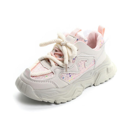 Girls Faux Leather Sneakers Lace Up Kids Casual Chunky Sneakers