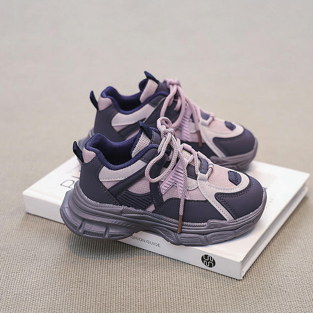 Kids Girls Lightweight Thick Sole Faux Leather Non Slip Sneakers