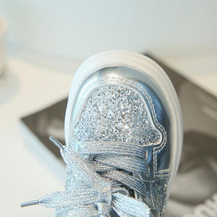 Little Girls Glitter Sneakers Faux Leather Fashion Walking Outdoor Sneakers