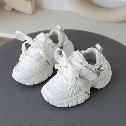 Girls Sneakers Lace Pearl Chain Bowknot Faux Leather Sneakers