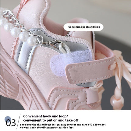 Girls Sneakers Lace Pearl Chain Bowknot Faux Leather Sneakers
