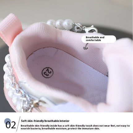 Girls Sneakers Lace Pearl Chain Bowknot Faux Leather Sneakers