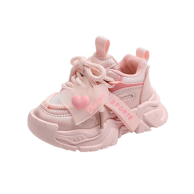 Childrens Sports Mesh Shoes Heart Decoration Faux Leather Sneakers
