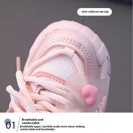 Childrens Sports Mesh Shoes Heart Decoration Faux Leather Sneakers