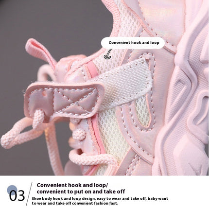 Childrens Sports Mesh Shoes Heart Decoration Faux Leather Sneakers