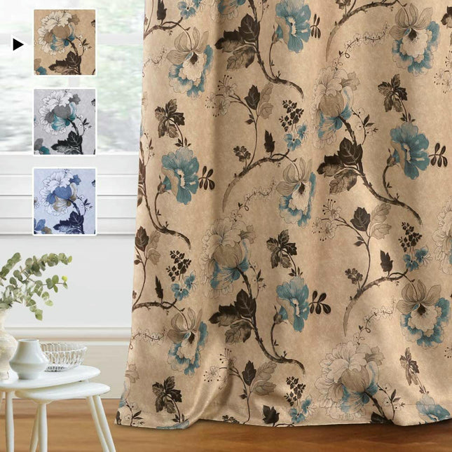 2 Panels Floral Blackout Thermal Curtains with Liner Curtains Grommet Tops