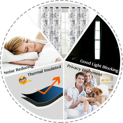 Floral Blackout Curtains 2 Panels Light Filtering Thermal Curtains Grommet Tops