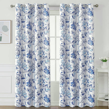 Blackout Blue and White Curtains for Room Window Drapes 2 Panels Grommet Tops