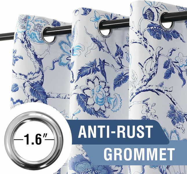 Blackout Blue and White Curtains for Room Window Drapes 2 Panels Grommet Tops