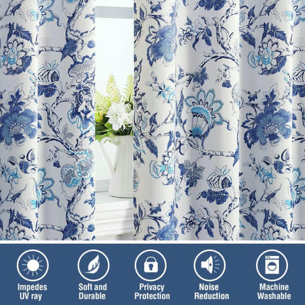 Blackout Blue and White Curtains for Room Window Drapes 2 Panels Grommet Tops