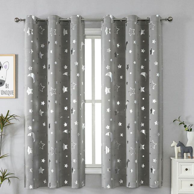 2 Panels Window Curtains with Star Moon Pattern Curtains Grommet Tops