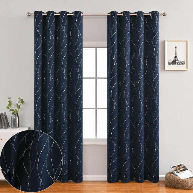 Wave Blackout Bedroom Curtains, Room Window Curtains 2 Panels Grommet Tops