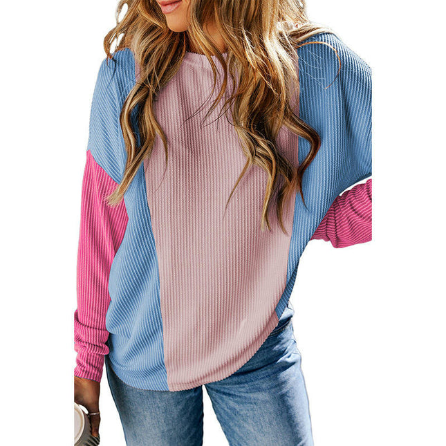 Women's Long Sleeve Color Block Round Neck T Shirts Casual Loose Tops