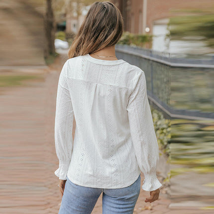 Women's Eyelet Shirts Fall Long Sleeve Blouses V Neck Casual Tops