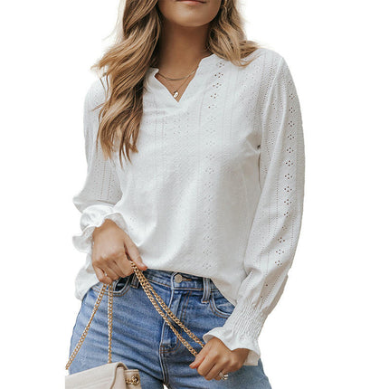 Women's Eyelet Shirts Fall Long Sleeve Blouses V Neck Casual Tops