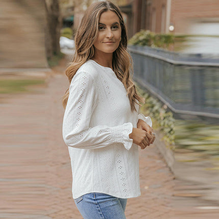 Women's Eyelet Shirts Fall Long Sleeve Blouses V Neck Casual Tops