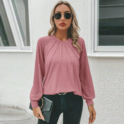 Womens Long Sleeve Shirts Dressy Casual Lace Tops Pleated Fall Fashion Blouses