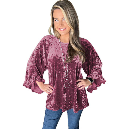 Velvet Tops for Women Crewneck Long Bell Sleeve Blouse Solid Casual Tops