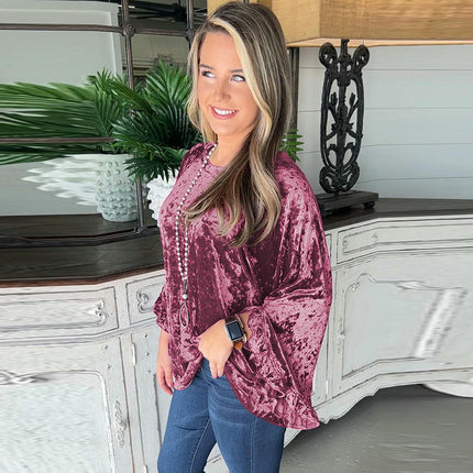 Velvet Tops for Women Crewneck Long Bell Sleeve Blouse Solid Casual Tops