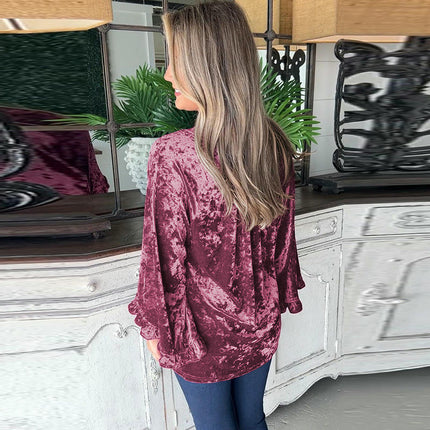 Velvet Tops for Women Crewneck Long Bell Sleeve Blouse Solid Casual Tops