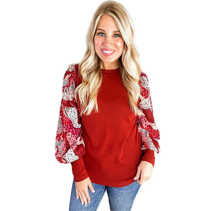 Women's Puff Long Sleeve Shirts Casual Knit Blouses Crew Neck Elegant Tops