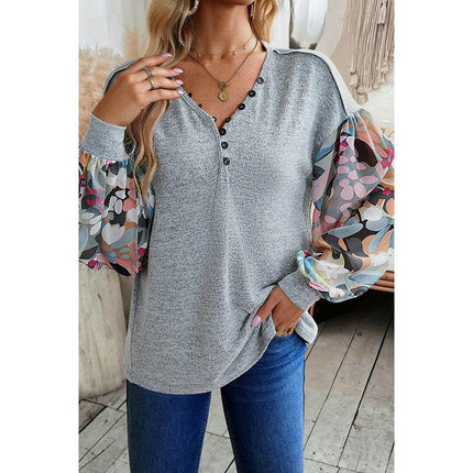 Women's Long Sleeve Shirts Button V Neck Puff Sleeve Tunic Tops
