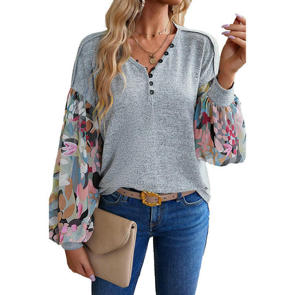 Women's Long Sleeve Shirts Button V Neck Puff Sleeve Tunic Tops