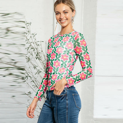 Women's Casual Long Sleeve Print Tops Crew Neck Bodycon Trendy T Shirts